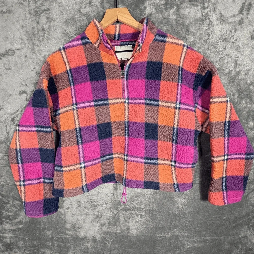 American Eagle Womens Fleece Pullover M Multicolor Plaid Quarter Zip Cropped - Picture 1 of 7